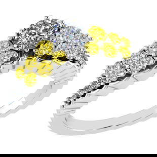 Certified 1.35 Ctw I2/I3 Treated Fancy Yellow And White Diamond 14K White G: Center Approx Weight: 0.50 Ctw (Round Cut) Center Color: J-K Center Stone Clarity: I2/I3 Stone Setting: Prong Side Stone 0.71 Ctw Side Stone Color: Treated Fancy Yellow Diamond Stone Clarity: I2/I3