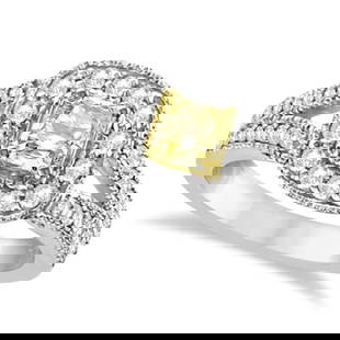 Yellow Diamond Radiant Millgrain-Edge Ring 14k White Gold 0.90 ctw: CENTER STONE; Yellow Diamond CENTER STONE CLARITY; SI CENTER STONE COLOR; Yellow CENTER STONE SETTING; Prong SIDE STONE CLARITY; SI SIDE STONE COLOR; J-K SIDE STONE SETTING; Prong ctw OF SIDE STONE: