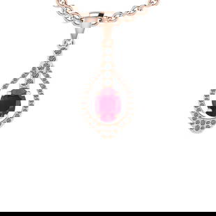 1.07 Ctw SI2/I1 Ruby And Diamond 14K Rose Gold Vintage Style Pendant: Center Stone Weight : 0.75 Ctw (Oval Cut) Center Stone Color :-Ruby Center Stone Setting : Prong Side Stone Weight Of Ctw 0.32 Ctw Side Stone Color : G-H Stone Clarity :SI2/I1 Stone Setting : Prong