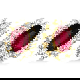 Oval Ruby and Diamond Accented Earrings 14k Yellow Gold 2.05ctw: CENTER STONE; Ruby CENTER STONE CLARITY; CENTER STONE COLOR; CENTER STONE SETTING; Prong SIDE STONE CLARITY; SI SIDE STONE COLOR; J-K SIDE STONE SETTING; Prong ctw OF SIDE STONE: 0.25 SIDE STONE