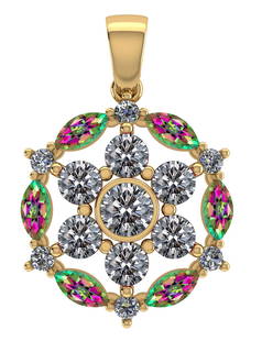 Certified 1.30 CTW Genuine Mystic Topaz And Diamond 14K Yellow Gold Pendant: Diamond Weight (13pcs) 1.00 CTWRound Center Stone Clarity:SI1-SI2 Center Stone Color: White Diamond Stone Setting ;Bezel Side Stone Clarity;SI1-SI2 Side Stone Color ; Marquise Mystic Topaz G-H Side