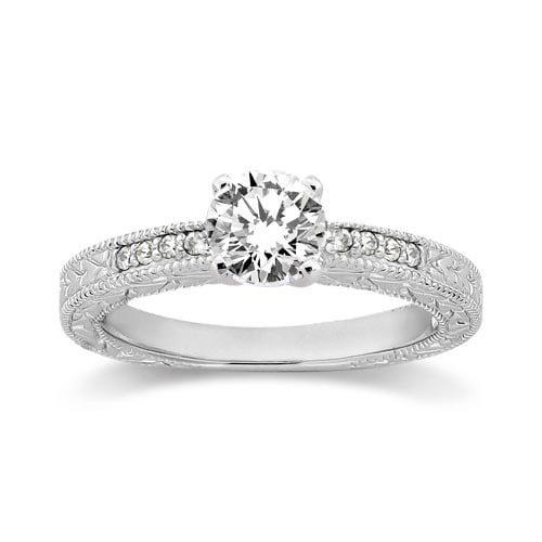 1.20ctw Antique style Style Diamond Engagement Ring Setting 14k White Gold: CENTER STONE; DIAMOND (1.00 CTW) CENTER STONE CLARITY; SI1-SI2 CENTER STONE COLOR; J-K CENTER STONE SETTING; SIDE STONE CLARITY; SI1-SI2 SIDE STONE COLOR; J-K SIDE STONE SETTING; Bead ctw OF SIDE STON