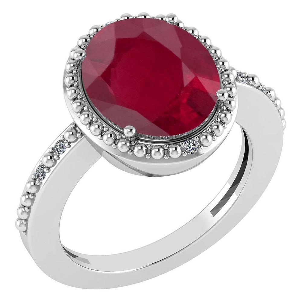 Certified 2.56 Ctw Ruby And Diamond Halo Ring 14K White Gold: Center Stone Weight Approx ; 2.50 Ctw (1 Pcs Oval) Center Stone Color: Ruby Center Stone Setting ; Prong Side Stone (6 Pcs Round Cut Diamond) 0.06 ctw Side Stone Color: White G-H Diamond Side Stone Se