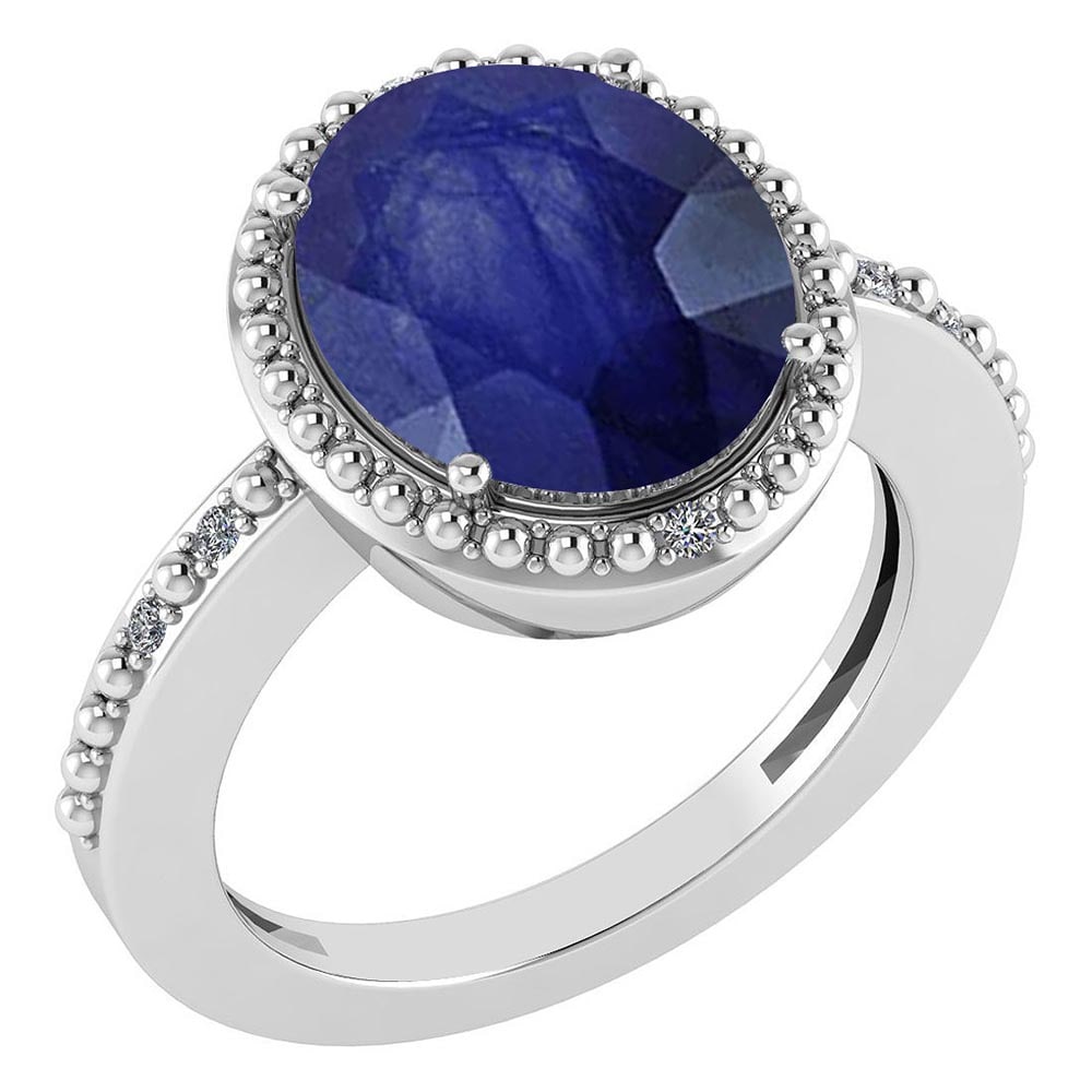 Certified 2.56 Ctw Blue Sapphire And Diamond Halo Ring 14K White Gold: Center Stone Weight Approx ; 2.50 Ctw (1 Pcs Oval) Center Stone Color: Blue Sapphire Center Stone Setting ; Prong Side Stone (6 Pcs Round Cut Diamond) 0.06 ctw Side Stone Color: White G-H Diamond Side