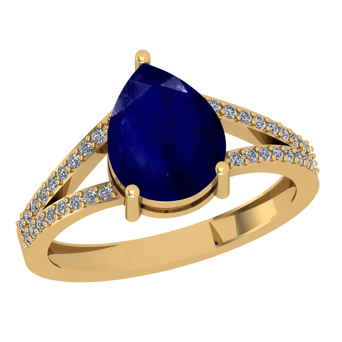 2.67 Ctw SI2/I1 Blue Sapphire And Diamond 14K Yellow Gold Ring: Color Stone Weight : 2.50 Ctw (Pear Cut ) Center Stone Color : Blue Sapphire Center Stone Setting : Prong Side Stone Weight Of Ctw 0.17 Ctw Side Stone Color : J-K Stone Clarity : SI2/I1 Stone Setting 