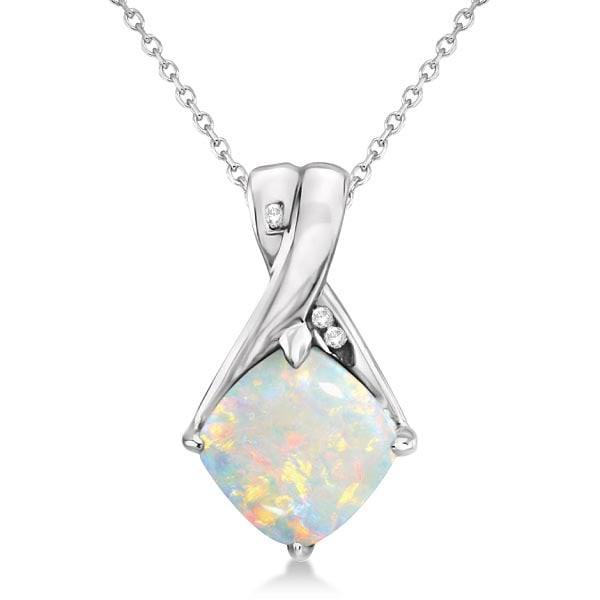 Diamond and Cushion Opal Pendant Necklace 14k White Gold 1.36ctw: CENTER STONE; Opal CENTER STONE CLARITY; CENTER STONE COLOR; White CENTER STONE SETTING; Prong SIDE STONE CLARITY; SI1-SI2 SIDE STONE COLOR; J-K SIDE STONE SETTING; Pave ctw OF SIDE STONE: 0.02 SIDE S