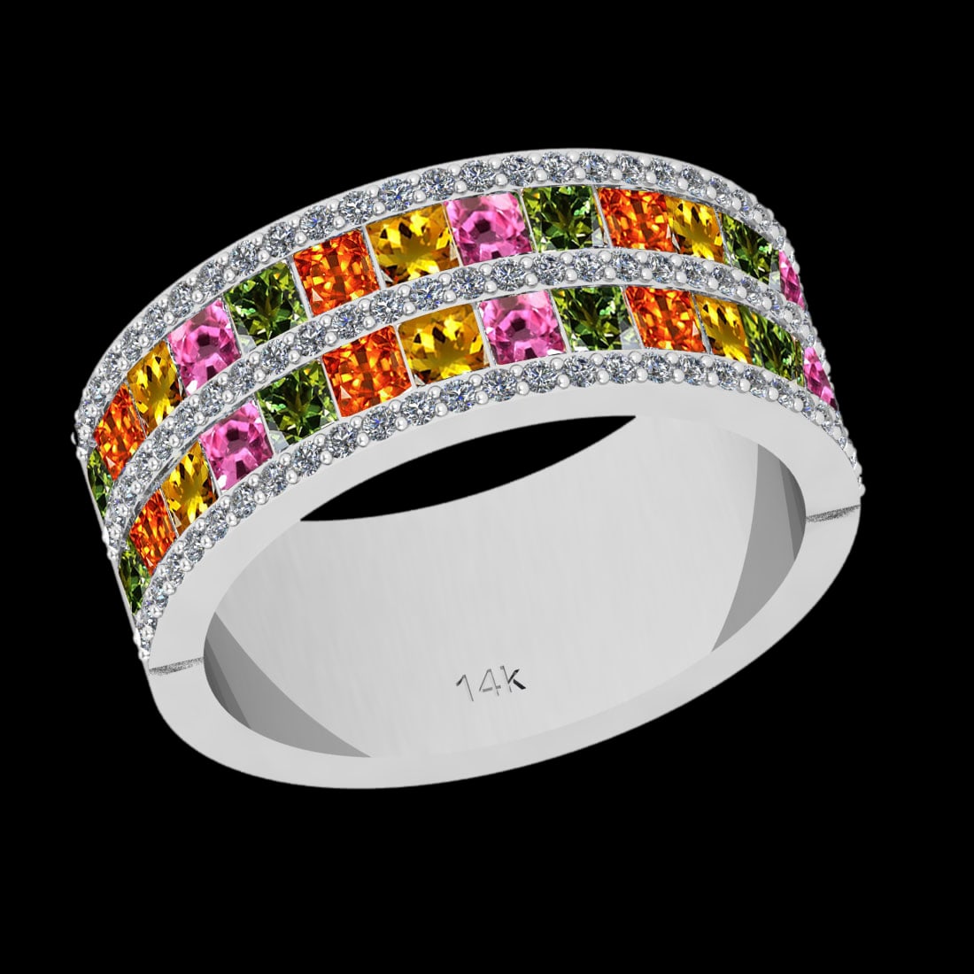 2.40 Ctw SI2/I1 Multi Sapphire And Diamond 14K White Gold Eternity Half Ban: Multi Stone Weight : 2.00 Ctw (Princess Cut ) Multi Stone Color : Pink,Yellow,Green,Orange Sapphire Stone Setting : Prong Side Stone Weight Of Ctw 0.40 Ctw Side Stone Color : J-K Stone Clarity : SI2/I