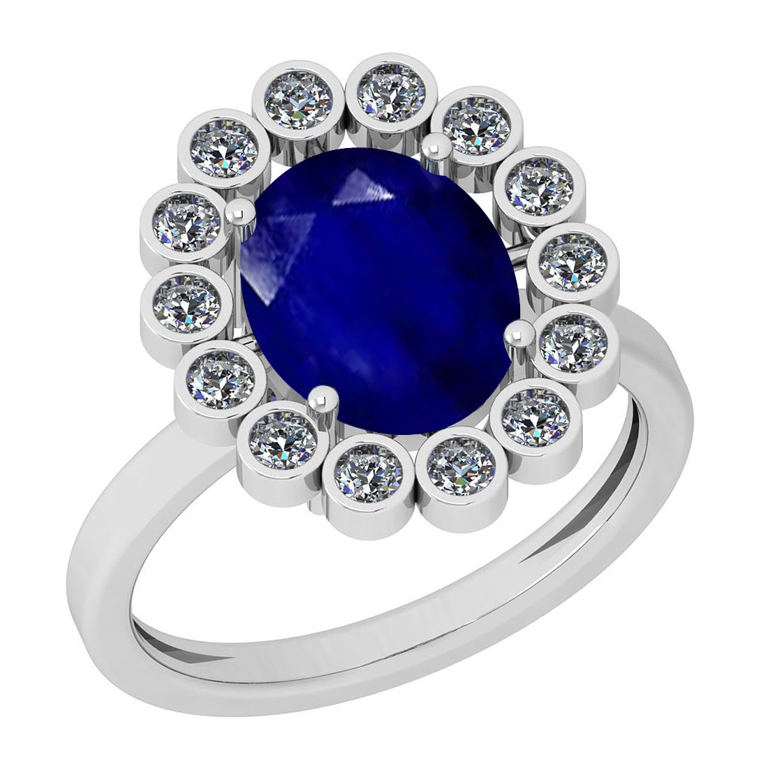 2.42 Ctw I2/I3 Blue Sapphire And Diamond 14K White Gold Ring: Color Stone Weight : 2.00 Ctw (1 Psc Oval ) Center Stone Color : Blue Sapphire Center Stone Setting : Prong Side Stone Weight Of Ctw 0.42 Ctw Side Stone Color : J-K Stone Clarity : I2/I3 Stone Setting