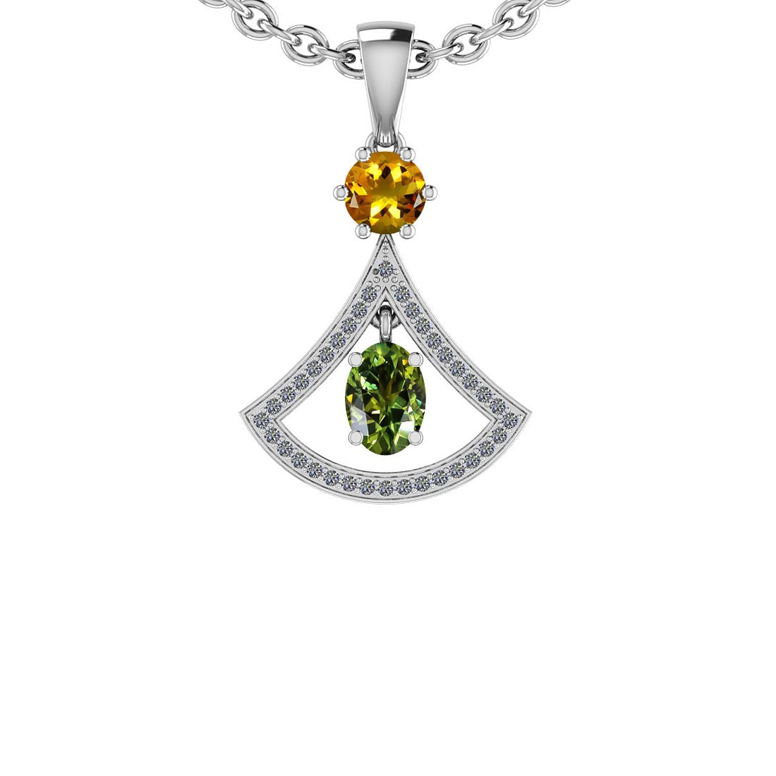 1.46 Ctw I2/I3 Green,Yellow Sapphire And Diamond 14K White Gold Pendant: Center Stone Weight : 1.25 Ctw (Round & Oval Cut) Center Stone Color :-Green,Yellow Sapphire Stone Setting : Prong Side Stone Weight Of Ctw 0.21 Ctw Side Stone Color : J-K Stone Clarity : I2/I3 Stone 