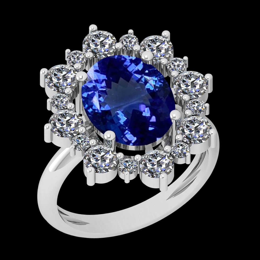 5.79 Ctw VS/SI1 Tanzanite And Diamond 10K White Gold Vintage Style Ring: Color Stone Weight : 4.15 Ctw (1 Psc Oval ) Center Stone Color : Tanzanite Center Stone Setting : Prong Side Stone Weight Of Ctw 1.64 Ctw Side Stone Color : G-H Stone Clarity : VS/SI1 Stone Setting : 