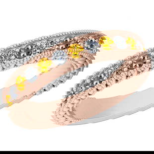 0.83 Ctw SI2/I1 Yellow Sapphire And Diamond 14K Rose Gold Filigree Band Rin: Center Weight : 0.44 Ctw ( Round Cut ) Center Color :- Yellow Sapphire Stone Setting : Prong Side Stone Weight Of Ctw 0.39 Ctw Side Stone Color : J-K Stone Clarity : SI2/I1 Stone Setting : Prong