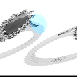 2.00 Ctw I2/I3 Aquamarine And Diamond 14K White Gold Promises Ring: Center Stone Weight : 1.77 Ctw ( Oval Cab) Center Stone Color :-Aquamarine Stone Setting : Prong Side Stone Weight Of Ctw 0.23 Ctw Side Stone Color : J-K Stone Clarity : I2/I3 Stone Setting : Prong