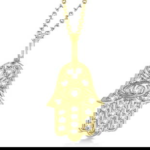 Diamond Hamsa Pendant Necklace 14k Yellow Gold 0.16ctw: CENTER STONE; Diamond CENTER STONE CLARITY; SI1-SI2 CENTER STONE COLOR; J-K CENTER STONE SETTING; Pave SIDE STONE CLARITY; SIDE STONE COLOR; SIDE STONE SETTING; ctw OF SIDE STONE: SIDE STONE QUALITY;
