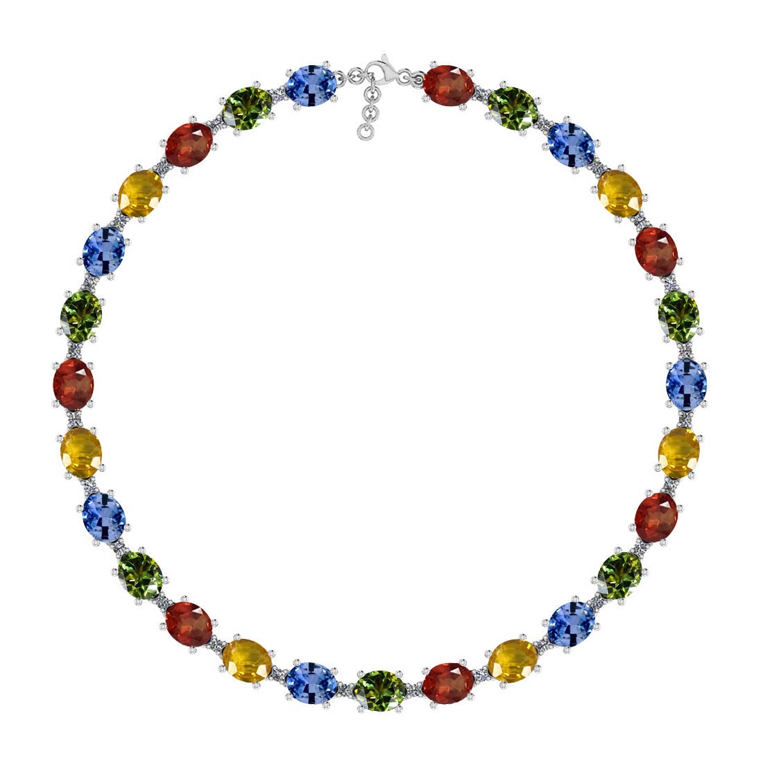 11.06 Ctw I2/I3 Multi Sapphire And Diamond 14K White Gold Bracelet: Color Stone Weight : 10.80 Ctw (Oval Cut ) Center Stone Color : Red,Yellow,Green, Sapphire Center Stone Setting : Prong Side Stone Weight Of Ctw 0.26 Ctw Side Stone Color : J-K Stone Clarity : I2/I3 S