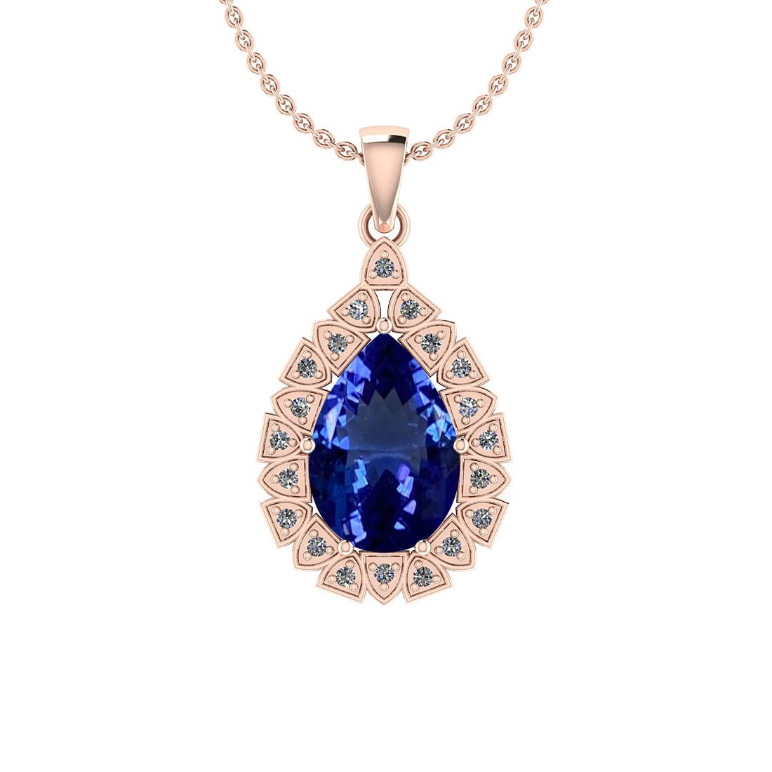 2.65 Ctw VS/SI1 Tanzanite And Diamond 18K Rose Gold Pendant Necklace: Center Stone Weight : 2.55 Ctw (Pear Cut) Center Stone Color :-Tanzanite Center Stone Setting : Prong Side Stone Weight Of Ctw 0.10 Ctw Side Stone Color : G-H Stone Clarity : VS/SI1 Stone Setting : Pr
