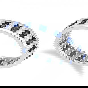 Princess-Cut Sapphire and Diamond Eternity Ring 14k White Gold 1.26ctw: CENTER STONE; Sapphire CENTER STONE CLARITY; CENTER STONE COLOR; Blue CENTER STONE SETTING; Channel SIDE STONE CLARITY; SI SIDE STONE COLOR; J-K SIDE STONE SETTING; Channel ctw OF SIDE STONE: 0.58 SID