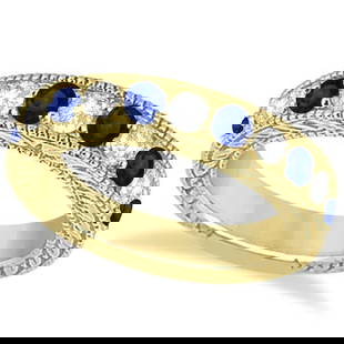 Antique style Diamond and Sapphire Wedding Ring Band 14k Yellow Gold 1.46ct: CENTER STONE; Blue Sapphire CENTER STONE CLARITY; Eye Clean CENTER STONE COLOR; Blue CENTER STONE SETTING; Bead SIDE STONE CLARITY; SI1-SI2 SIDE STONE COLOR; J-K SIDE STONE SETTING; Bead ctw OF SIDE S