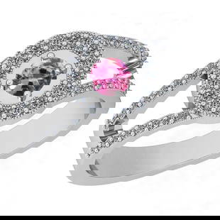 Certified 0.65 Ctw VS/SI1 Pink Sapphire And Diamond 14K White Gold Ring: Center Stone Approx Weight: 0.25 Ctw (Round Cut) Center Stone Color: Pink Sapphire Center Stone Setting: Prong Side Stone 0.40 Ctw Side Stone Color: H-I Stone Clarity: VS/SI1 Stone Setting: Prong Meta