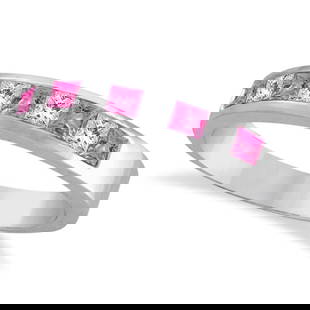 Princess Channel-Set Diamond and Pink Sapphire Ring Band 14k White Gold: CENTER STONE; Sapphire CENTER STONE CLARITY; CENTER STONE COLOR; Pink CENTER STONE SETTING; Channel SIDE STONE CLARITY; SI SIDE STONE COLOR; J-K SIDE STONE SETTING; Channel ctw OF SIDE STONE: 0.23 SID