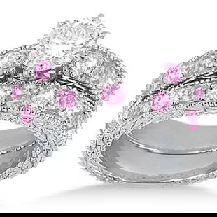 Antique style Diamond and Pink Sapphire Bridal Set 14k White Gold 1.80ctw: CENTER STONE 1.00 Ctw ; Sapphire,Diamond CENTER STONE CLARITY; Eye Clean#SI1-SI2 CENTER STONE COLOR; Pink,J-K CENTER STONE SETTING; Pave,Pave SIDE STONE CLARITY; SIDE STONE COLOR; SIDE STONE SETTING;