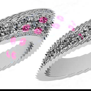 Certified 1.76 Ctw I2/I3 Pink Sapphire And Diamond 10K White Gold Band Ring: Center Stone Approx Weight: 0.82 Ctw (Round Cut) Center Stone Color: Pink Sapphire Center Setting: Prong Side Stone 0.94 ctw Side Stone Color: J-K Side Stone Setting: Prong Side Stone Clarity: I2/I3 M