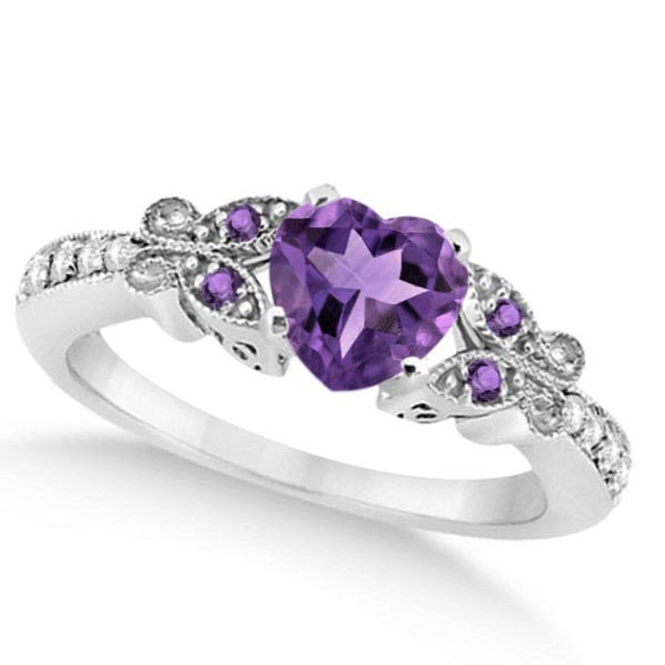 Butterfly Amethyst and Diamond Heart Engagement Ring 14K W Gold 2.48ctw: CENTER STONE; Amethyst (2.00 CTW) CENTER STONE CLARITY; Eye Clean CENTER STONE COLOR; Purple CENTER STONE SETTING; Prong SIDE STONE CLARITY; Eye Clean,SI1-SI2 SIDE STONE COLOR; Purple,J-K SIDE STONE S