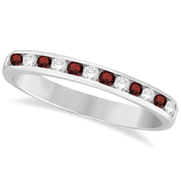 Garnet and Diamond Semi-Eternity Channel Ring 14k White Gold 0.40ctw: CENTER STONE; Garnet CENTER STONE CLARITY; CENTER STONE COLOR; Red CENTER STONE SETTING; Channel SIDE STONE CLARITY; SI SIDE STONE COLOR; J-K SIDE STONE SETTING; Channel ctw OF SIDE STONE: 0.2 SIDE ST