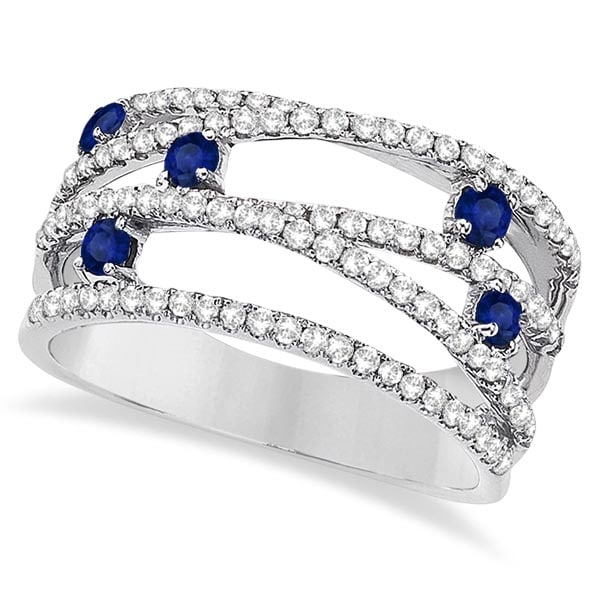 Blue Sapphire and Diamond Bypass Wide Ring 14k White Gold 1.25 ctw: CENTER STONE; Sapphire CENTER STONE CLARITY; CENTER STONE COLOR; Blue CENTER STONE SETTING; Prong SIDE STONE CLARITY; SI SIDE STONE COLOR; J-K SIDE STONE SETTING; Prong ctw OF SIDE STONE: 0.59 SIDE ST