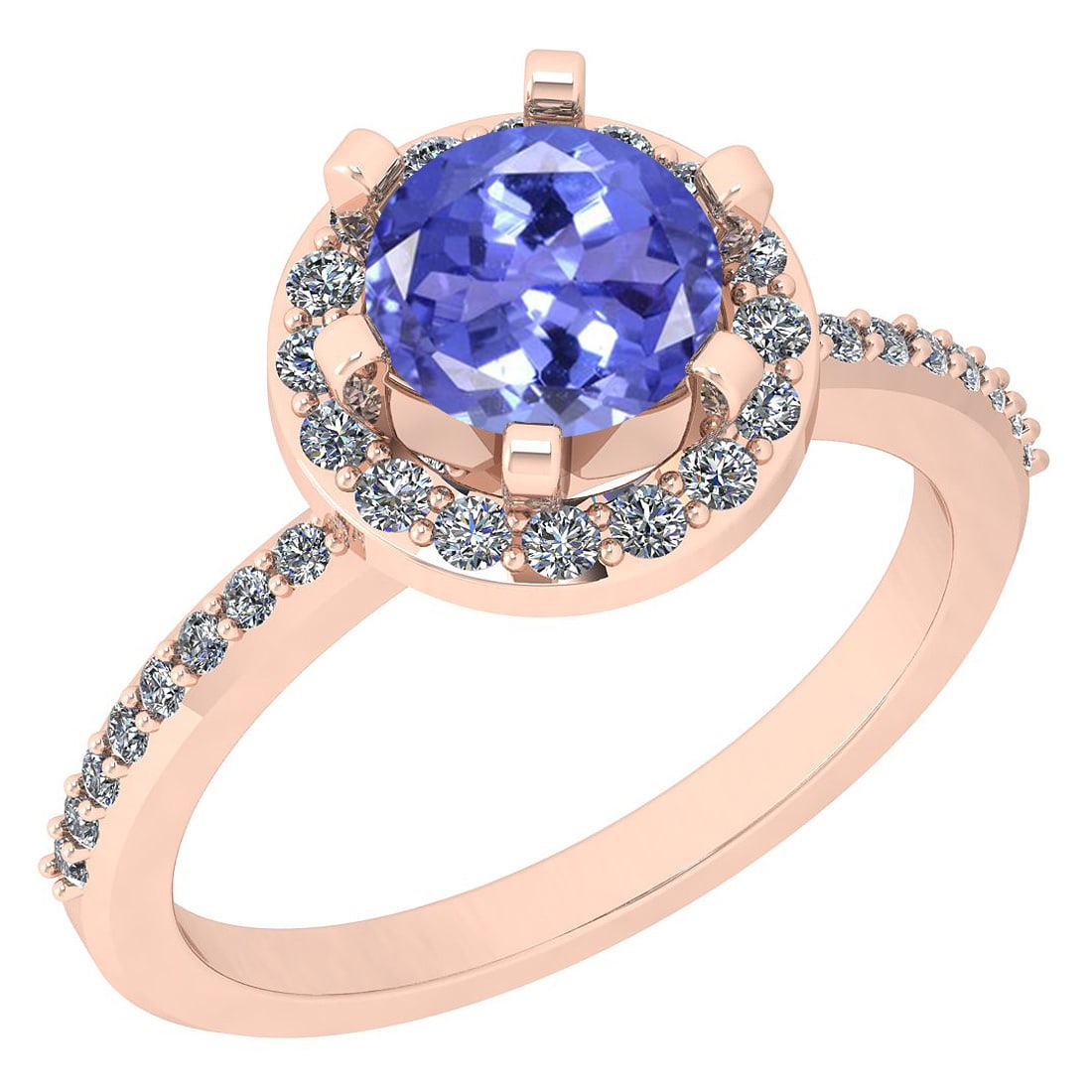 1.52 Ctw SI2/I1 Tanzanite And Diamond 14K Rose Gold Engagement Halo Ring: Center Weight : 1.14 Ctw ( Round Cut ) Center Color :- Tanzanite Stone Setting : Prong Side Stone Weight Of Ctw 0.38 Ctw Side Stone Color : J-K Stone Clarity : SI2/I1 Stone Setting : Prong Metal Weigh