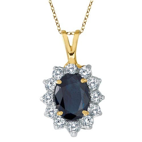 Blue Sapphire and Diamond Accented Pendant 14k Yellow Gold 1.70ctw: CENTER STONE; Sapphire CENTER STONE CLARITY; CENTER STONE COLOR; Blue CENTER STONE SETTING; Prong SIDE STONE CLARITY; SI SIDE STONE COLOR; H-I SIDE STONE SETTING; Prong ctw OF SIDE STONE: 0.3 SIDE STO