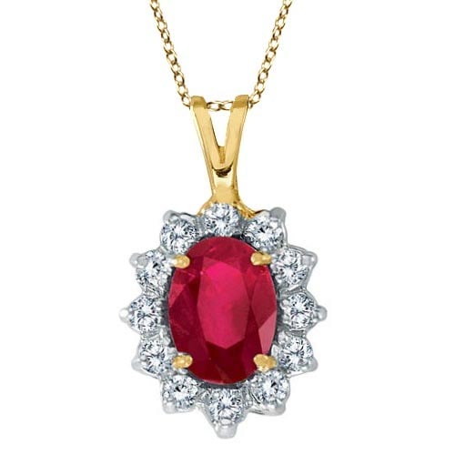 Ruby and Diamond Accented Pendant Necklace 14k Yellow Gold 1.80ctw: CENTER STONE; Ruby CENTER STONE CLARITY; CENTER STONE COLOR; CENTER STONE SETTING; Prong SIDE STONE CLARITY; SI SIDE STONE COLOR; J-K SIDE STONE SETTING; Prong ctw OF SIDE STONE: 0.3 SIDE STONE QUALIT