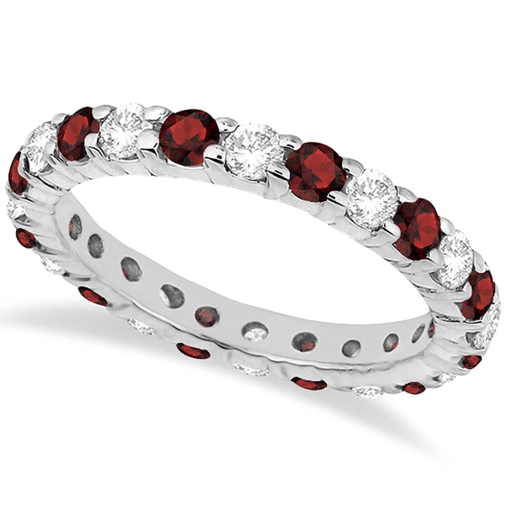 Eternity Diamond and Garnet Ring Band 14k White Gold 2.35ctw: CENTER STONE; Garnet CENTER STONE CLARITY; CENTER STONE COLOR; Red CENTER STONE SETTING; Prong SIDE STONE CLARITY; SI SIDE STONE COLOR; J-K SIDE STONE SETTING; Prong ctw OF SIDE STONE: 1 SIDE STONE QU