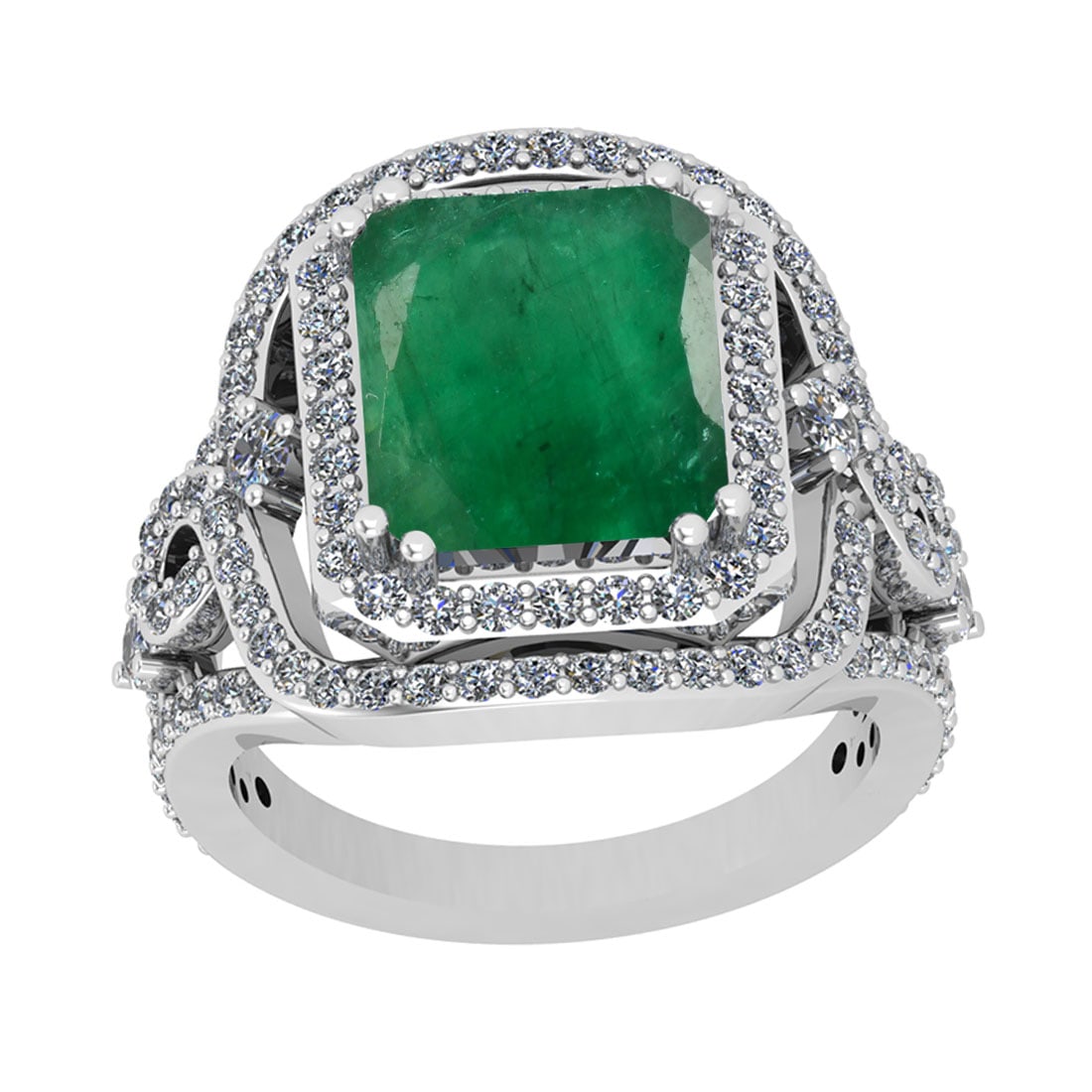 13.91 Ctw VS/SI1 Emerald And Diamond 18K White Gold Vintage Style Ring: Color Stone Weight : 12.11 Ctw (Emerald Octo Cut ) Center Stone Color : Emerald Center Stone Setting : Prong Side Stone Weight Of Ctw 1.80 Ctw Side Stone Color : J-K Stone Clarity : VS/SI1 Stone Setti