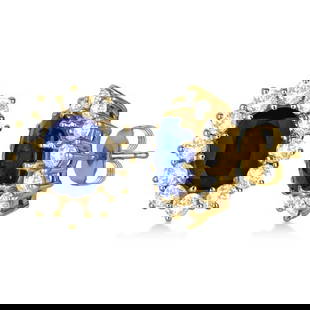 Oval Blue Sapphire and Diamond Accented Earrings 14k Yellow Gold 7.10ctw: CENTER STONE; Sapphire CENTER STONE CLARITY; CENTER STONE COLOR; Blue CENTER STONE SETTING; Prong SIDE STONE CLARITY; SI SIDE STONE COLOR; J-K SIDE STONE SETTING; Prong ctw OF SIDE STONE: 1.55 SIDE ST