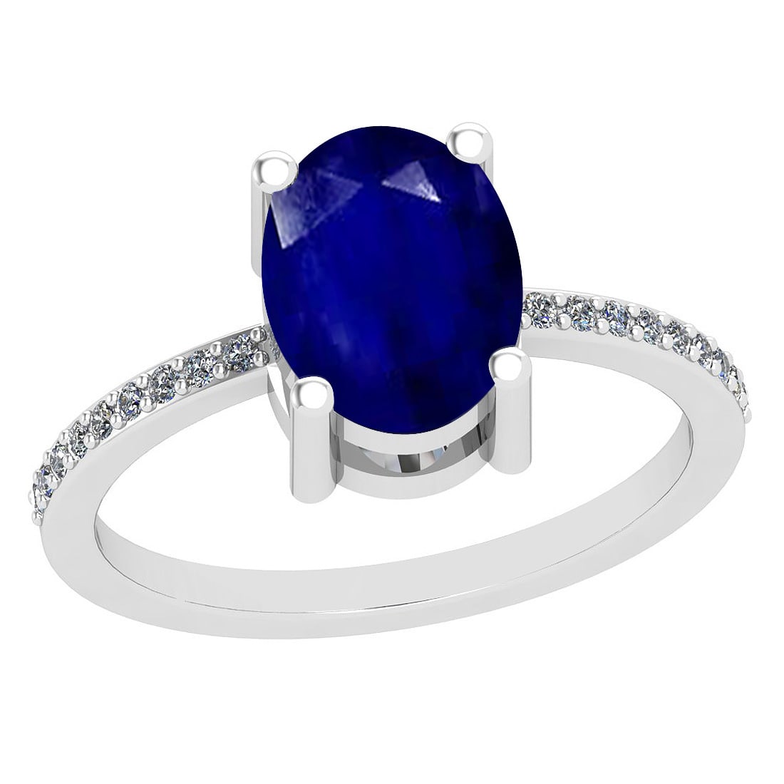2.10 Ctw I2/I3 Blue Sapphire And Diamond 14K White Gold Ring: Color Stone Weight : 2.00 Ctw (1 Psc Oval ) Center Stone Color : Blue Sapphire Center Stone Setting : Prong Side Stone Weight Of Ctw 0.10 Ctw Side Stone Color : J-K Stone Clarity : I2/I3 Stone Setting