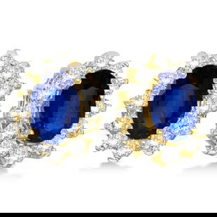 Oval Blue Sapphire and Diamond Accents Earrings 14k Yellow Gold 2.05ctw: CENTER STONE; Sapphire CENTER STONE CLARITY; CENTER STONE COLOR; Blue CENTER STONE SETTING; Prong SIDE STONE CLARITY; SI SIDE STONE COLOR; H-I SIDE STONE SETTING; Prong ctw OF SIDE STONE: 0.25 SIDE ST
