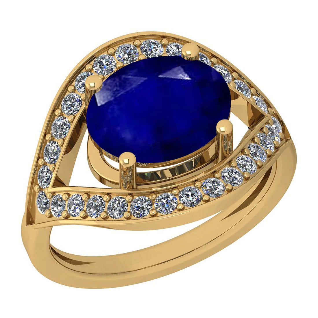 2.42 Ctw I2/I3 Blue Sapphire And Diamond 14K Yellow Gold Ring: Color Stone Weight : 2.00 Ctw (1 Psc Oval ) Center Stone Color : Blue Sapphire Center Stone Setting : Prong Side Stone Weight Of Ctw 0.42 Ctw Side Stone Color : J-K Stone Clarity : I2/I3 Stone Setting