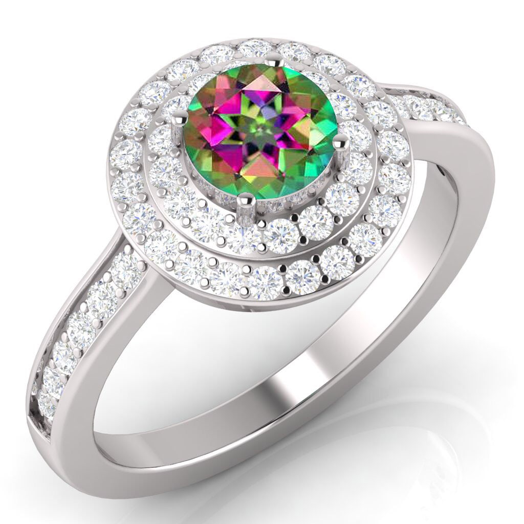 Certified 1.70 CTW Genuine Mystic Topaz And Diamond 14K White Gold Ring: Center Stone 1.20 CTW Round Center Stone Clarity:SI1-SI2 Center Stone Color: Genuine Mystic Topaz Stone Setting ;# Side Stone Clarity;SI1-SI2 Side Stone Color ; White Diamond G-H Side Stone Setting ;