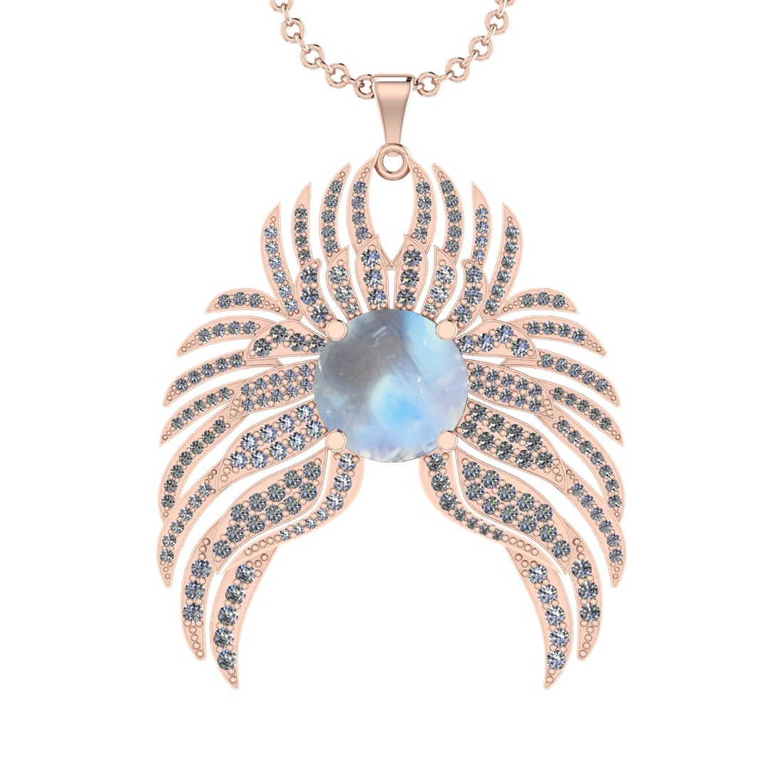 10.38 Ctw SI2/I1Rainbow Moonstone And Diamond 14K Rose Gold Pendant Necklac: Center Stone Weight : 8.08 Ctw ( Round Cab ) Center Stone Color : Rainbow Moonstone Stone Setting : Prong Side Diamond Weight Of Ctw 2.30 Ctw Side Stone Color : J-K Stone Clarity : SI2/I1 Stone Settin