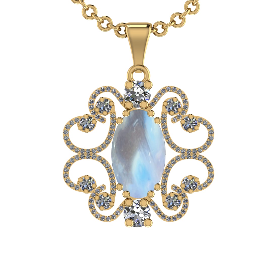 6.26 Ctw SI2/I1Rainbow Moonstone And Diamond 14K Yellow Gold Pendant Neckla: Center Stone Weight : 5.35 Ctw ( Oval Cab ) Center Stone Color : Rainbow Moonstone Stone Setting : Prong Side Diamond Weight Of Ctw 0.91 Ctw Side Stone Color : J-K Stone Clarity : SI2/I1 Stone Setting