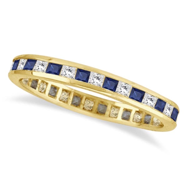 Princess-Cut Sapphire and Diamond Eternity Ring 14k Yellow Gold 1.26ctw: CENTER STONE; Sapphire CENTER STONE CLARITY; CENTER STONE COLOR; Blue CENTER STONE SETTING; Channel SIDE STONE CLARITY; SI SIDE STONE COLOR; J-K SIDE STONE SETTING; Channel ctw OF SIDE STONE: 0.58 SID