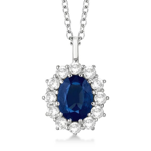 Oval Blue Sapphire and Diamond Pendant Necklace 14k White Gold 3.60ctw: CENTER STONE; Sapphire CENTER STONE CLARITY; Eye Clean #SI CENTER STONE COLOR; Blue CENTER STONE SETTING; Prong SIDE STONE CLARITY; SI1-SI2 SIDE STONE COLOR; J-K SIDE STONE SETTING; Prong ctw OF SIDE