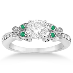 Butterfly Diamond and Emerald Engagement Ring 14k White Gold