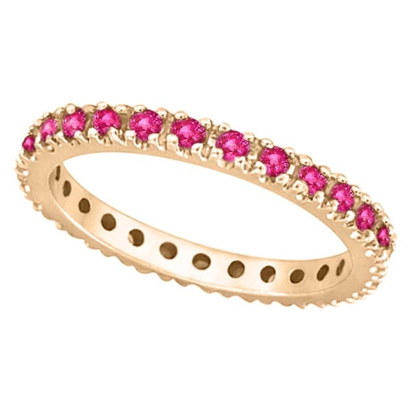 Pink Sapphire Eternity Ring Stackable Band 14k Rose Gold (0.73ct): METAL TYPE: 14k Rose Gold ;TOTAL CARAT WEIGHT: 0.73 ;NAME OF CENTER STONE: Sapphire ;CENTER STONE SHAPE: Round ;CENTER STONE CLARITY: ;CENTER STONE COLOR: Pink ;CENTER STONE SETTING: Prong ;CENTER STO