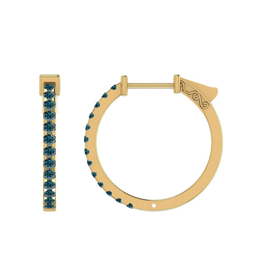 0.60 Ctw Treated fancy blue Diamond 14K Yellow Gold Huggie Earrings: Center Diamond Weight : 0.60 Ctw (Round Cut) Center Diamond Color :- Treated fancy blue Diamond Center Clarity : I2/I3 Stone Setting : Prong Metal Weight : Approx 3.90 Gram 14K Yellow Gold Huggie Earr