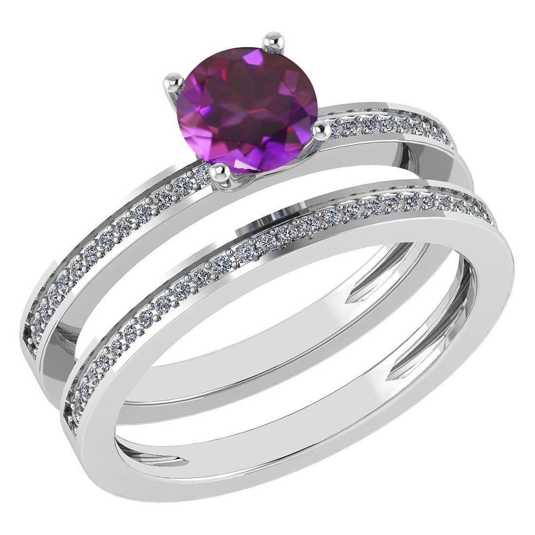 Certified 0.73 Ctw Amethyst And Diamond 18k White Gold Ring (G-H VS/SI1): Center Stone Weight ; 0.45 Ctw (1 Pcs Round) Center Stone: Amethyst Center Stone Setting ; Prong Side Stone (1.mm 56 Pcs Round Diamond) 0.28 ctw Side Stone Color: White G-H Diamond Side Stone Setting: