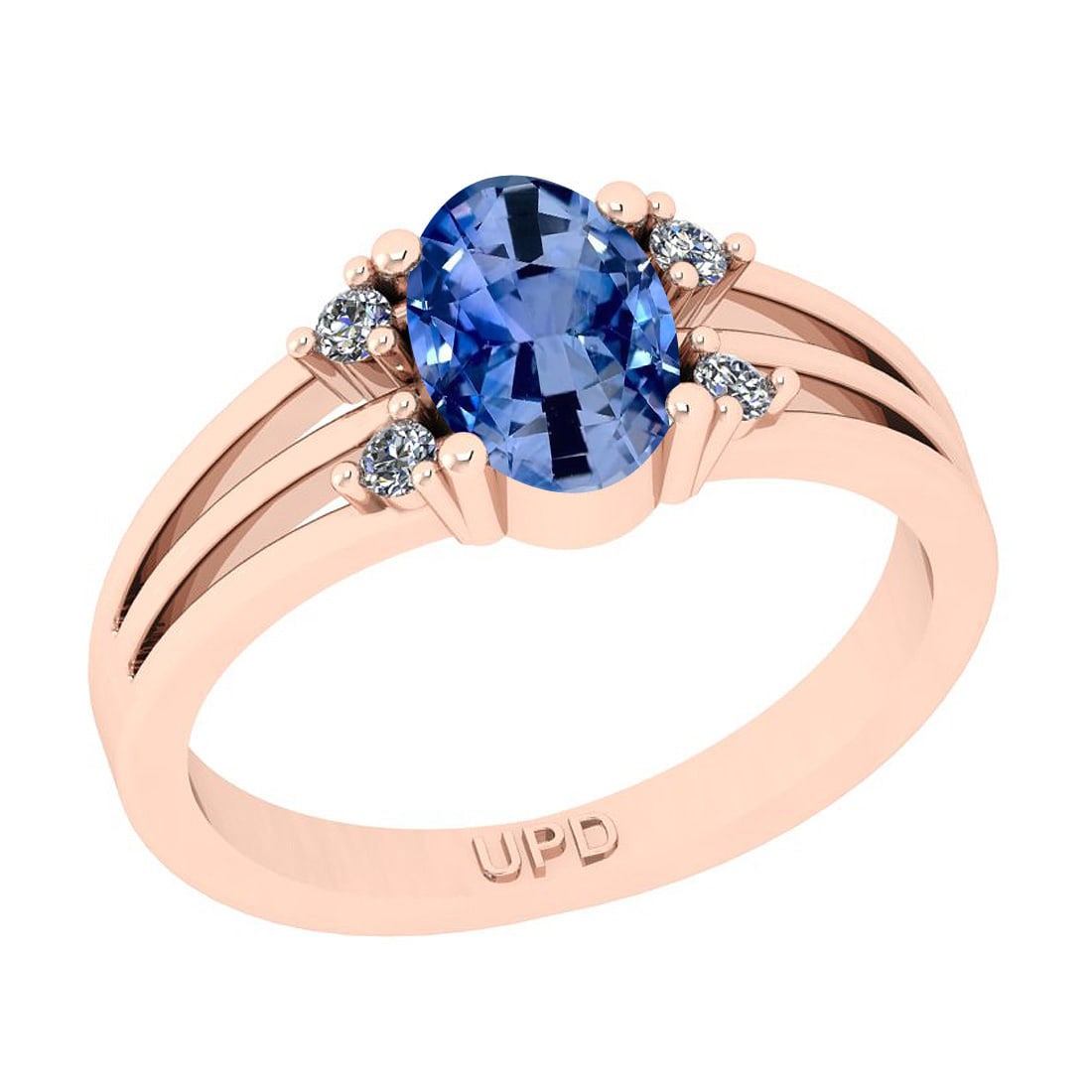 1.35 Ctw I2/I3 sapphire And Diamond 14K Rose Gold Promises Ring: Center Stone Weight : 1.25 Ctw ( Oval Cut) Center Stone Color :- sapphire Stone Setting : Prong Side Stone Weight Of Ctw 0.10 Ctw Side Stone Color : J-K Stone Clarity : I2/I3 Stone Setting : Prong Met