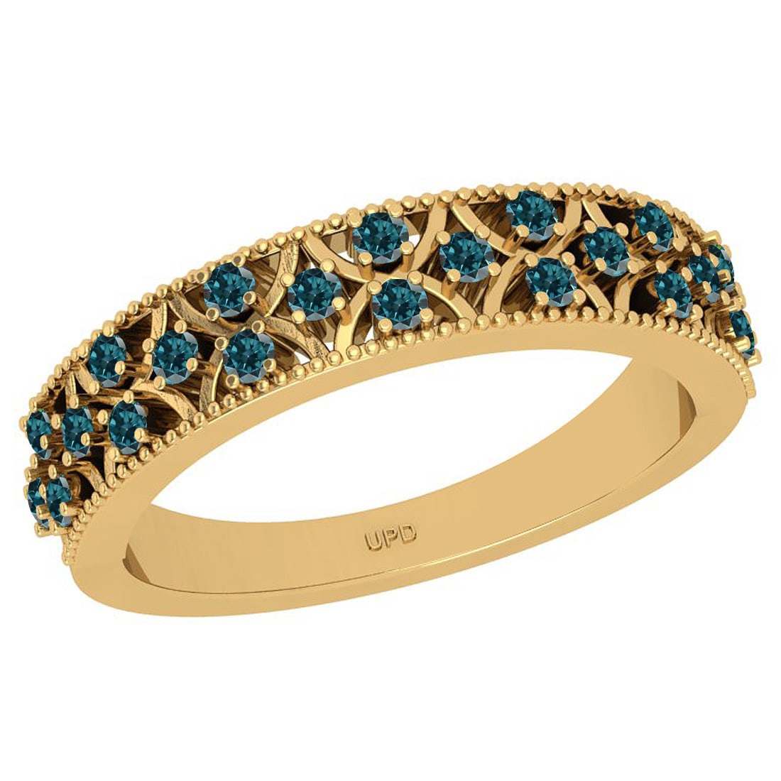 0.30 Ctw I2/I3 Treated Fancy Blue Diamond 14K Yellow Gold Eternity Band Rin: Diamond Weight : 0.30 Ctw (Round Cut) Diamond Color :- Treated Fancy Blue Diamond Setting : Prong Center Clarity : I2/I3 Metal Weight : Approx 3.60 Gram 14K Yellow Gold Eternity Band Ring Current Ring