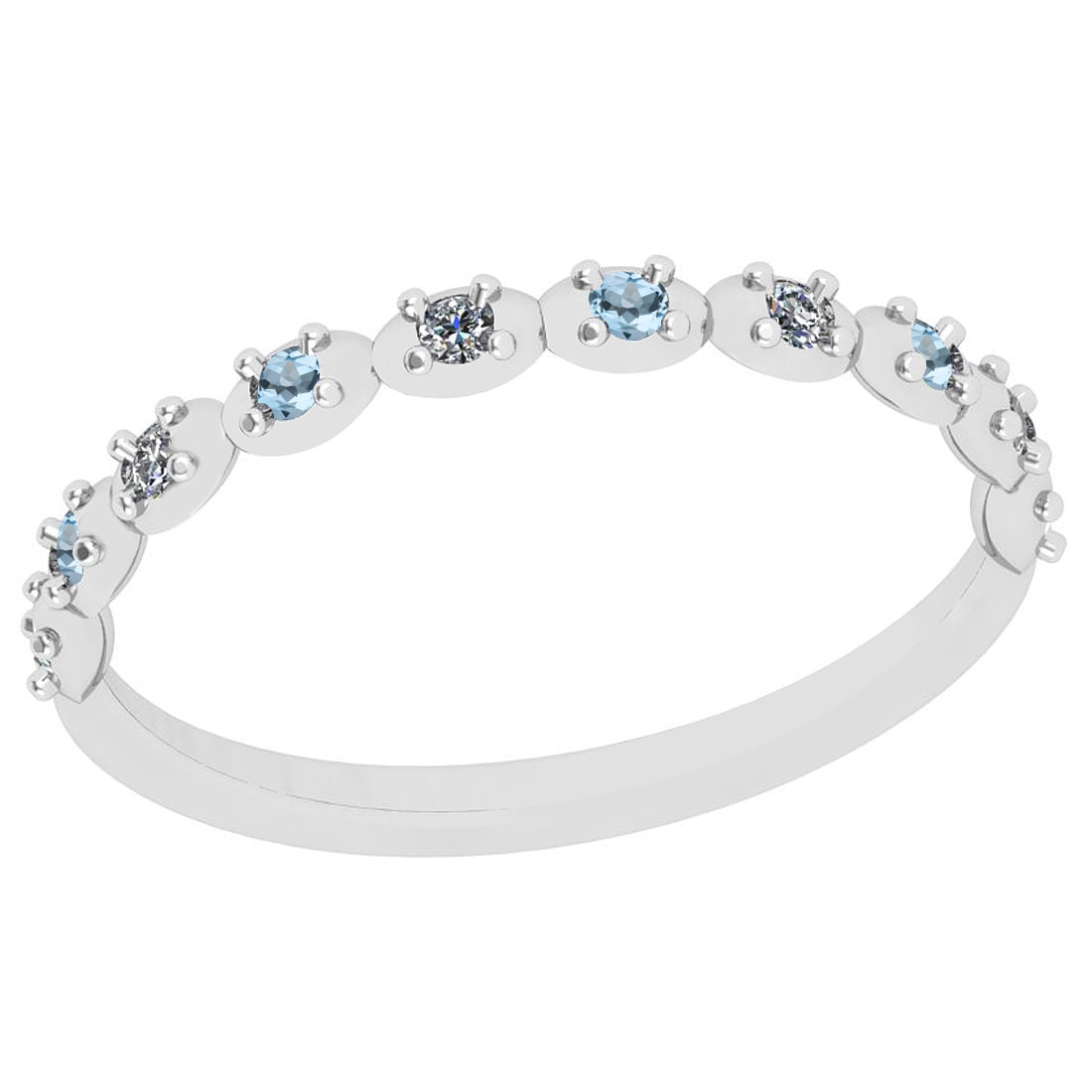 Certified 0.05 Ctw Aquamarine 14k White Gold Promise Band: Center Stone Weight ; 0.02 Ctw (4 Pcs Round) Center Stone Color: Aquamarine Center Stone Setting ;Channel Side Stone (1.mm 6 Pcs Round Diamond) 0.03 ctw Side Stone Color: White G-H Diamond Side Stone