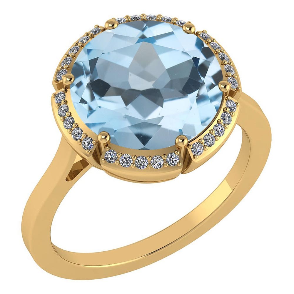 Certified 2.42 Ctw Aquamrine And Diamond Halo Ring 14K Yellow Gold: Center Stone Weight Approx ; 2.00 Ctw (1 Pcs Round) Center Stone Color: Aquamrine Center Stone Setting ; Prong Side Stone (30 Pcs Round Cut Diamond) 0.42 ctw Side Stone Color: White G-H Diamond Side S